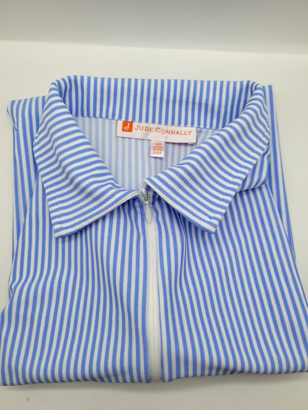 Blue White Striped Seeveless Polo Top Jude Connally XS Made in USA Zip Collard - Picture 11 of 11